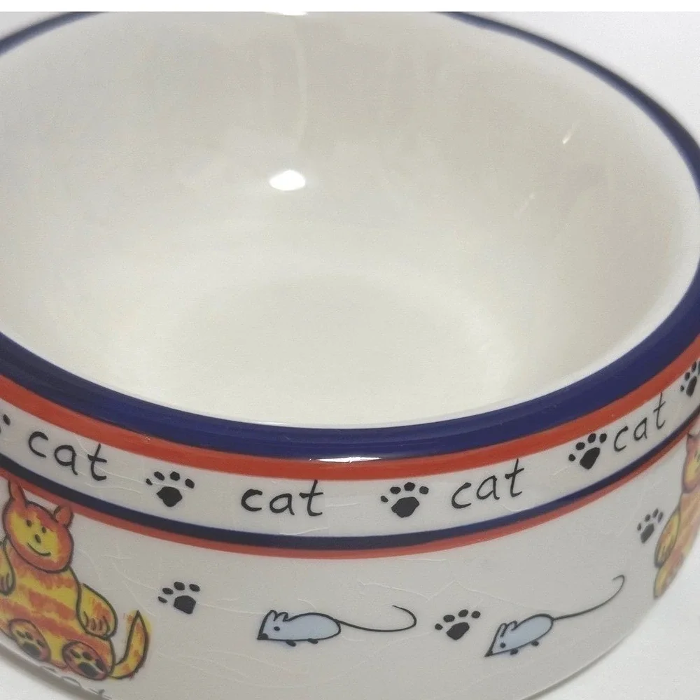 VTG Over and‎ Back Inc Ceramic Cat Bowl White Blue Red Mice Paw Prints 5